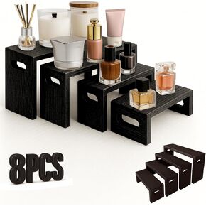8PCS Wooden Tiered Riser Display Stands, Stackable Perfume Organizer Cologne Stand for Men Women, Wooden Cupcake Dessert Stand, Food Display Risers, Black in Kuwait