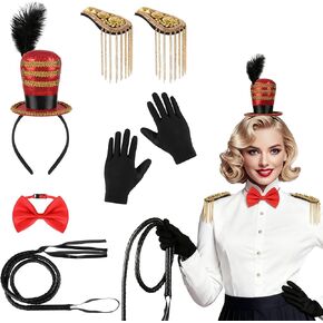 Circus Ringmaster Costume Accessories Mini Top Hat Headband Golden Tassel Epaulettes Faux Leather Whip Bow Tie Gloves for Lion Tamer Costume Women Men Carnival Halloween Cosplay in Saudi Arabia