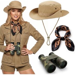 3 Pcs Safari Costume Women Safari Hat Binoculars Leopard Scarf Zoo Keeper Costume Adult Accessories Set for Halloween in Kuwait