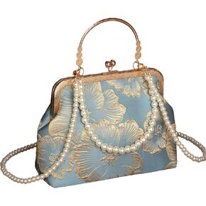 1920s Vintage Clutch Purse，Embroidery Dinner party handbag，Wedding Clutch with Pearl Chain Strap for Wedding, Prom in Saudi Arabia
