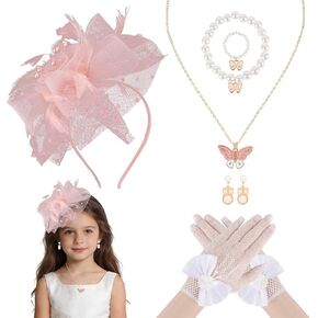 Girls Fascinators Hats, Pink Tea Party Hat with Fancy Veil Mesh Lace Gloves Pearl Jewelry Set, 1920s Vintage Elegant Hair Accessories Headband for Flower Girl Birthday Photo Shoot in Saudi Arabia