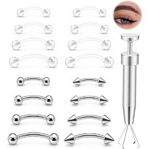 14G/16G Eyebrow Piercing Jewelry Set with Tool, Surgical Stainless Steel Curved Barbells with Clear Piercing Retainers for Surgery, Ball & Spike Ends, Internal Thread Tops, 6/8/10/12mm Eyebrow Rings for Rook Daith Helix Lip Vertical Labret for Women Men ( in Saudi Arabia