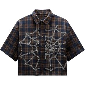 GORGLITTER Men's Plaid Cropped Button Up Shirt Casual Collared Short Sleeve Boxy Vacation Checkered Crop Tops Streetwear in Kuwait