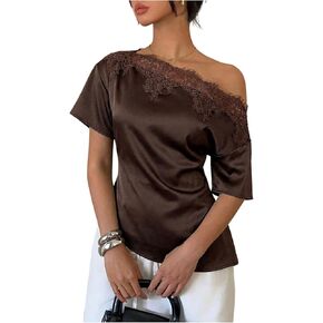 SweatyRocks Women's Off The Shoulder Top Lace Trim Dolmsn Sleeve Asymmetrical Satin Blouse Shirt in Saudi Arabia