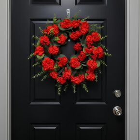Red Artificial Geranium Wreath, 22 Inch Spring Summer Wreaths for Front Door with Blessed Hanging Sign, for Rustic Farmhouse Decor for Entryway, Porch, Balcony Decor in Kuwait