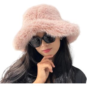Women's Faux Fur Bucket Hat, Fluffy Wide Brim Warm Plush Winter Hat, Fashion Furry Fisherman Cap for Cold Weather in Saudi Arabia