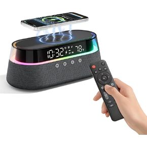 6-in-1 Bluetooth Speaker Alarm Clock with Remote, FM Radio & Dimmable LED Night Light, 15W Fast Wireless Charger, Dual Digital Clock for Bedroom Home Office, Ideal Gifts for Him, Men Women in Saudi Arabia