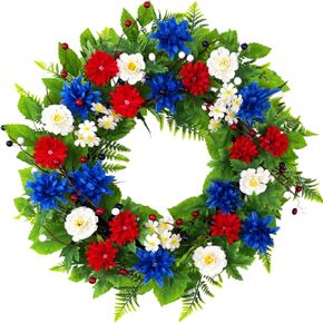 20 Inch Patriotic Wreath for Front Door, Red White Blue Flowers Wreaths with Silk Hydrangea, Daisy & Berry, USA 250th Anniversary Handmade Memorial Decorations, Americana for Porch Wall Window in Saudi Arabia
