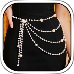 Yonamix Pearl Belt Silver Layered Waist Chain Belts for Women | Prom Pearl Body Chain Jewelry in Saudi Arabia