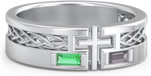 JEWLR Men’s Custom 2 Birthstone Cross Ring with Engraving - Celtic Knot Personalized Christian Ring in Sterling Silver, White, Yellow or Rose Gold in Kuwait