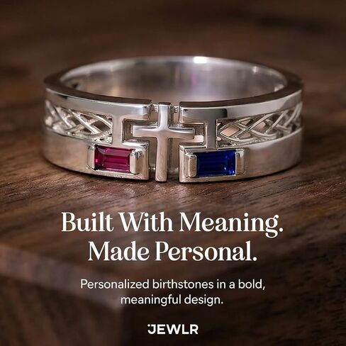 JEWLR Men’s Custom 2 Birthstone Cross Ring with Engraving - Celtic Knot Personalized Christian Ring in Sterling Silver, White, Yellow or Rose Gold in Kuwait