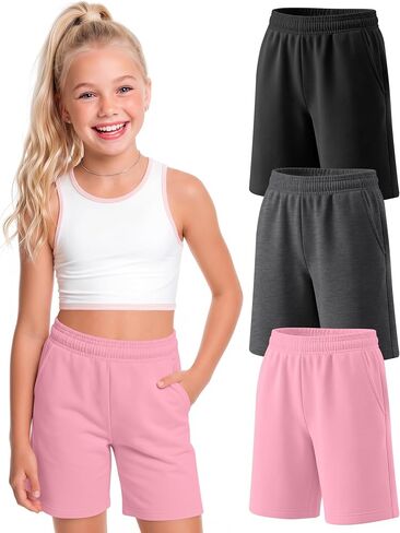 Oakgarden 3 Pack Girls’ Bermuda Shorts Knee Length Wide Leg Baggy SweatShorts Elastic Waist Long Shorts Pull On with Pockets in Kuwait
