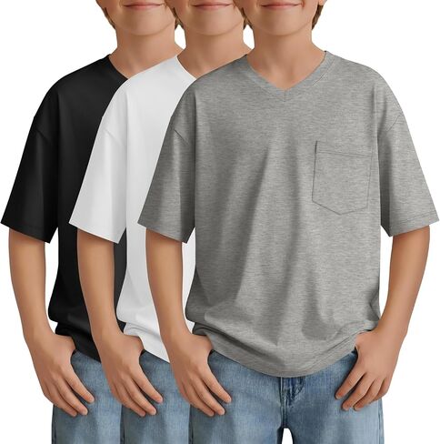 3 Pack Boys Oversized V Neck T-Shirts Kids Short Sleeve Pocket Tee Loose Fit Summer Casual Unisex Tops 5-14 Years in Kuwait