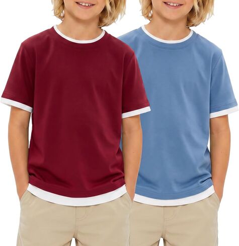 Kids4ever 2 Pack Boys Short Sleeve T-Shirts Kids Summer Color Block Tops Casual Crewneck Tees 5-12 Years in Saudi Arabia
