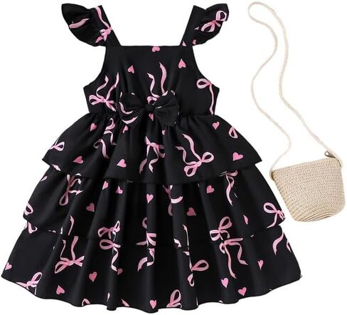 Girls Casual Dress Toddler Summer Flower A-Line Sundress 2 Piece Sets Sweet Girl Playwear with Matching Bag 3-8T in Saudi Arabia