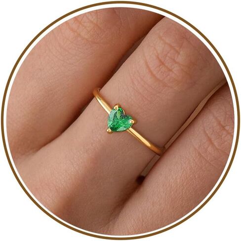 WFYOU Gold Heart Birthstone Rings for Women 14K Gold Plated Non Tarnish Stackable Pinky Cubic Zirconia Rings Emerald Dainty Gemstone Thumb Ring Band Cute Jewelry Birthday Gift Size 5-10 in Saudi Arabia