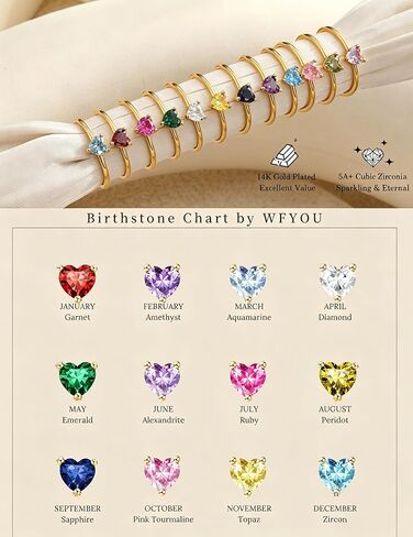 WFYOU Gold Heart Birthstone Rings for Women 14K Gold Plated Non Tarnish Stackable Pinky Cubic Zirconia Rings Emerald Dainty Gemstone Thumb Ring Band Cute Jewelry Birthday Gift Size 5-10 in Saudi Arabia