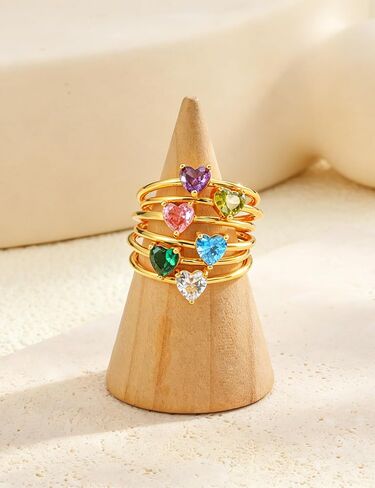 WFYOU Gold Heart Birthstone Rings for Women 14K Gold Plated Non Tarnish Stackable Pinky Cubic Zirconia Rings Emerald Dainty Gemstone Thumb Ring Band Cute Jewelry Birthday Gift Size 5-10 in Saudi Arabia