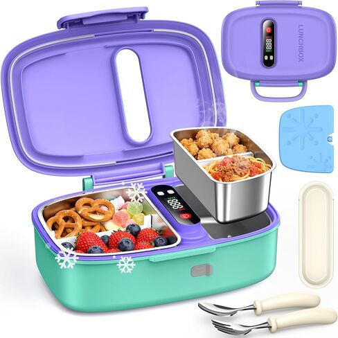EAST OAK Cordless Electric Lunch Box for Kids with Ice Pack, Chill & Warm Zone with Scheduled Heating, Portable Leak-Proof Bento Box with Utensils, Removable Divider for Girls Boys Navy Blue in Saudi Arabia
