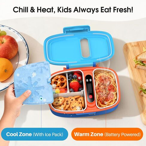 EAST OAK Cordless Electric Lunch Box for Kids with Ice Pack, Chill & Warm Zone with Scheduled Heating, Portable Leak-Proof Bento Box with Utensils, Removable Divider for Girls Boys Navy Blue in Saudi Arabia