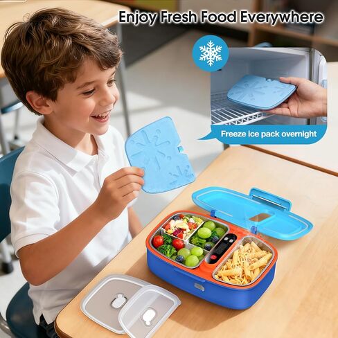 EAST OAK Cordless Electric Lunch Box for Kids with Ice Pack, Chill & Warm Zone with Scheduled Heating, Portable Leak-Proof Bento Box with Utensils, Removable Divider for Girls Boys Navy Blue in Saudi Arabia