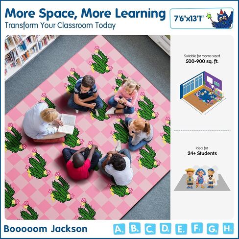 Booooom Jackson 7'6''x13' Pink Cactus Classroom Rug for Kids Room Seating Décor - Thick Nylon Large Preschool Carpet Daycare Rug for Teaching & Playroom, Non-Slip &No Triping,20X Stain Resistance in Saudi Arabia