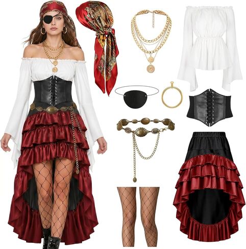 GERVAISE Women Pirate Costume Outfits Renaissance Medieval Tops Skirts Accessories Sets in Saudi Arabia