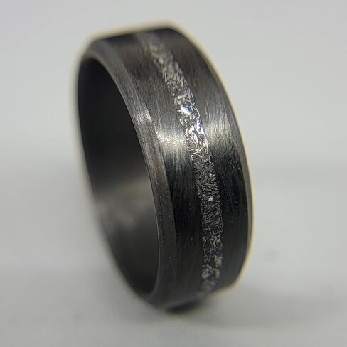 Carbon Fiber Beveled Edge Ring with Gibeon Meteorite Line - Handmade Ring Band - Lightweight - Black Band - Custom Band widths - Sizes 4-16 - Durable Matte Finish in Saudi Arabia