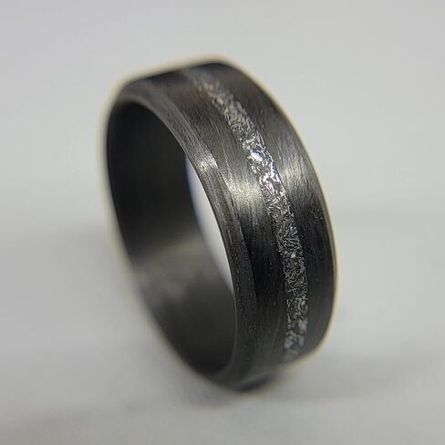 Carbon Fiber Beveled Edge Ring with Gibeon Meteorite Line - Handmade Ring Band - Lightweight - Black Band - Custom Band widths - Sizes 4-16 - Durable Matte Finish in Saudi Arabia