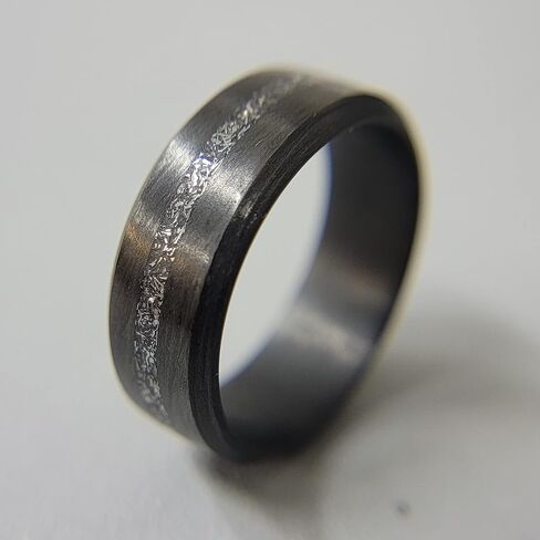 Carbon Fiber Beveled Edge Ring with Gibeon Meteorite Line - Handmade Ring Band - Lightweight - Black Band - Custom Band widths - Sizes 4-16 - Durable Matte Finish in Saudi Arabia