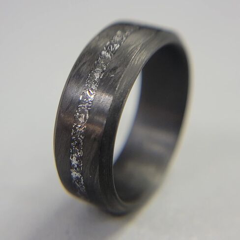 Carbon Fiber Beveled Edge Ring with Gibeon Meteorite Line - Handmade Ring Band - Lightweight - Black Band - Custom Band widths - Sizes 4-16 - Durable Matte Finish in Saudi Arabia