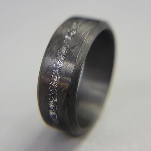 Carbon Fiber Beveled Edge Ring with Gibeon Meteorite Line - Handmade Ring Band - Lightweight - Black Band - Custom Band widths - Sizes 4-16 - Durable Matte Finish in Saudi Arabia