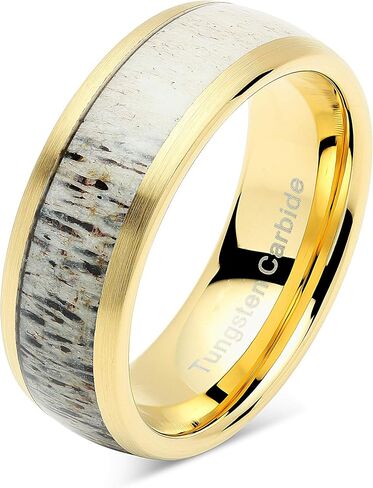 100S JEWELRY Tungsten Rings for Men Gold Wedding Band Antler Inlaid Dome Edge Matte Finish Size 8-16 in Kuwait