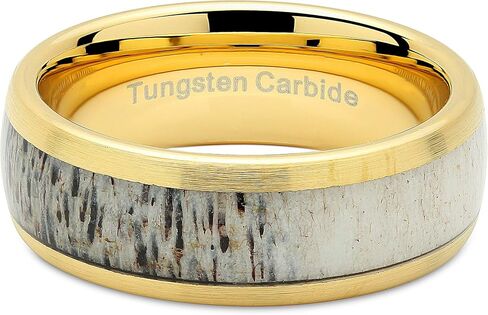 100S JEWELRY Tungsten Rings for Men Gold Wedding Band Antler Inlaid Dome Edge Matte Finish Size 8-16 in Kuwait