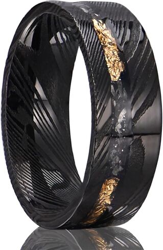 Black Damascus Steel Rings for Men Inlaid with Gold Foil Meteorite Fragments 8mm Flat Men's Wedding Bands Stylish and Comfortable Suitable for Party Anniversaries in Saudi Arabia