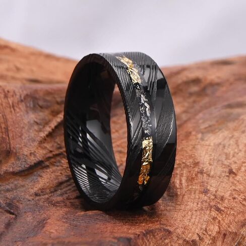 Black Damascus Steel Rings for Men Inlaid with Gold Foil Meteorite Fragments 8mm Flat Men's Wedding Bands Stylish and Comfortable Suitable for Party Anniversaries in Saudi Arabia