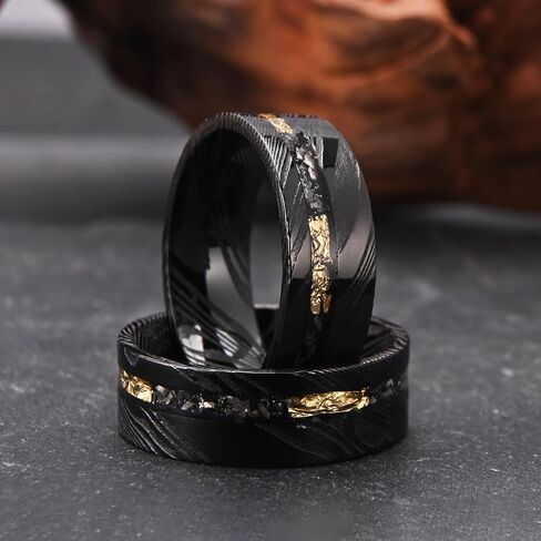 Black Damascus Steel Rings for Men Inlaid with Gold Foil Meteorite Fragments 8mm Flat Men's Wedding Bands Stylish and Comfortable Suitable for Party Anniversaries in Saudi Arabia