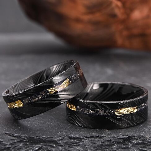 Black Damascus Steel Rings for Men Inlaid with Gold Foil Meteorite Fragments 8mm Flat Men's Wedding Bands Stylish and Comfortable Suitable for Party Anniversaries in Saudi Arabia