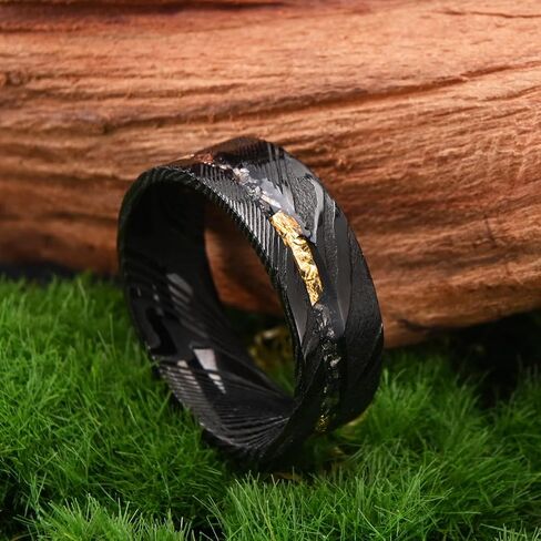 Black Damascus Steel Rings for Men Inlaid with Gold Foil Meteorite Fragments 8mm Flat Men's Wedding Bands Stylish and Comfortable Suitable for Party Anniversaries in Saudi Arabia