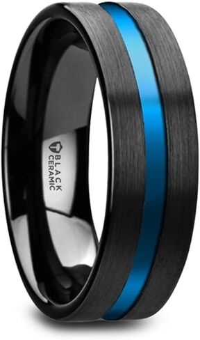 Mens Comfort Fit -Flat Brushed Finish Black Ceramic Wedding Ring - Blue Grooved Center - 8mm Wide - Style name: WESTLEY - Lifetime Warranty in Kuwait