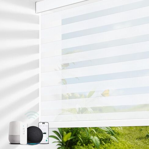 Motorized Blinds with Remote, 60% Blackout Smart Zebra Shades, Built-in Rechargeable Electric Automatic Blinds for Window Compatible with Alexa Google (White, 34" W x 72" H) in Saudi Arabia