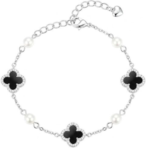 Clover Bracelet for Women 18K Gold Plated Lucky Four Leaf Clover Charm Bracelet with Shell Pearls and Red Agate Style Stones Elegant Jewelry Gift for Her Wife Mom - Adjustable in Saudi Arabia