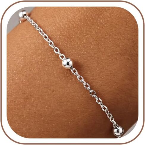 925 Sterling Silver Chain Bracelet, Beaded Satellite Chain Fine Jewelry for Women Holiday Gift with Flannel Bag Adjustable 6.5-8 Inches in Saudi Arabia