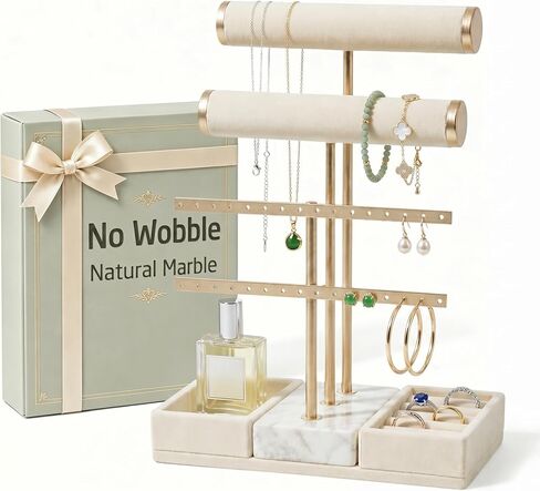KES Natural Marble Bracelet Holder with 5X Weighted Base, Extra Sturdy 3 Tier Bracelet Holder Display for Necklaces, Earrings, Rings, Watches, T Bar Jewelry Holder Organizer, Beige, JTR500-WH in Saudi Arabia