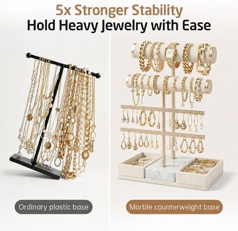 KES Natural Marble Bracelet Holder with 5X Weighted Base, Extra Sturdy 3 Tier Bracelet Holder Display for Necklaces, Earrings, Rings, Watches, T Bar Jewelry Holder Organizer, Beige, JTR500-WH in Saudi Arabia