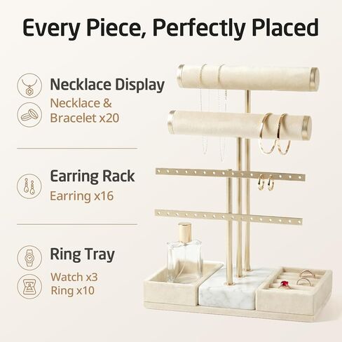 KES Natural Marble Bracelet Holder with 5X Weighted Base, Extra Sturdy 3 Tier Bracelet Holder Display for Necklaces, Earrings, Rings, Watches, T Bar Jewelry Holder Organizer, Beige, JTR500-WH in Saudi Arabia