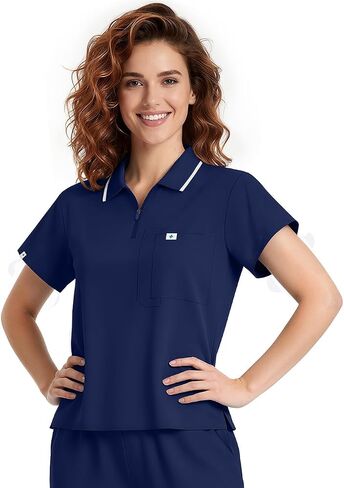 Meidiero Scrub Tops for Women - Zip Polo Collar Cropped Scrub Shirts with Chest Pocket, Soft Medical Uniform, Easy Care in Saudi Arabia