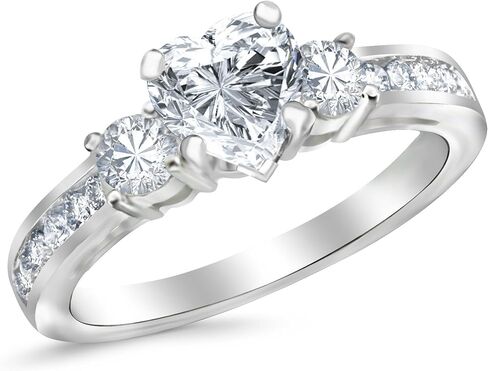 14K White Gold 1.5 Carat LAB GROWN DIAMOND Channel Set 3 Three Stone Heart Cut Diamond Engagement Ring (G-H Color VS1-VS2 Clarity 0.75 Ct Center) in Kuwait