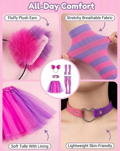 Hikkcos 5 Pcs Pink Purple Striped Cat Costume Accessory Set, Cat Ear Headband, Heart Choker, Striped Gloves, Long Socks, Tutu Skirt for Halloween Cosplay Party in Kuwait