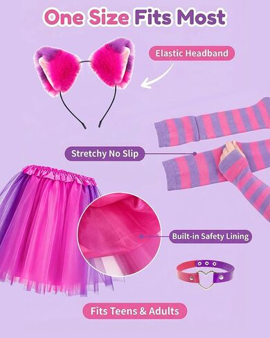 Hikkcos 5 Pcs Pink Purple Striped Cat Costume Accessory Set, Cat Ear Headband, Heart Choker, Striped Gloves, Long Socks, Tutu Skirt for Halloween Cosplay Party in Kuwait